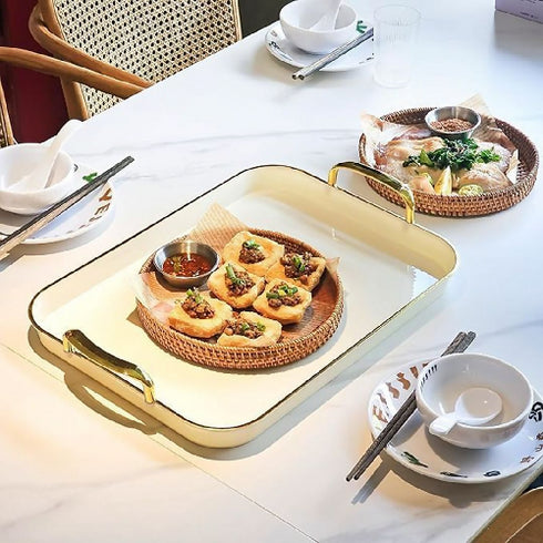 3 Pack Serving Tray, Fruit Dinner Food Tray Rectangle With Golden Handles